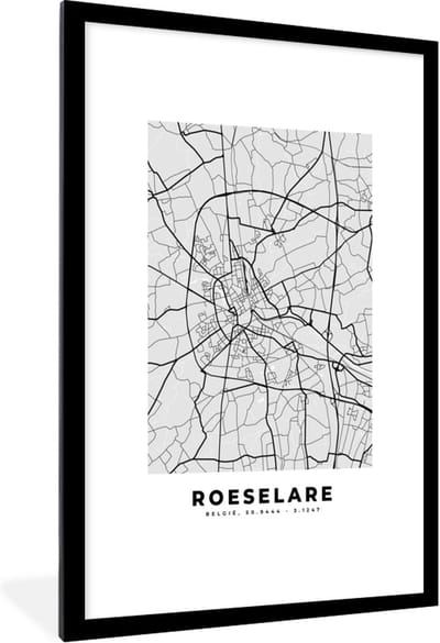 Fotolijst incl. Poster Zwart Wit- Stadskaart – Plattegrond – België – Zwart Wit – Roeselare – Kaart - 80x120 cm - Posterlijst