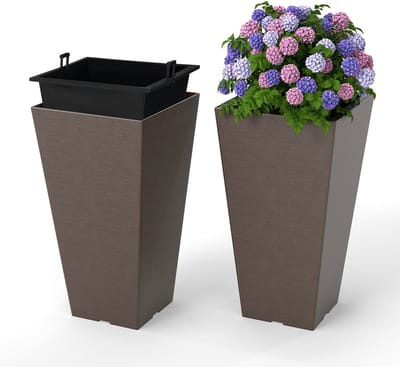 COSTWAY Plantenbakken met binnenpot, weerbestendig, bloempotten met afwateringsgaten, PP, bloempot voor tuin, terras, achtertuin, balkon, bruin (29,5 x 29,5 x 57 cm)