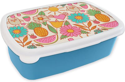 Broodtrommel Blauw - Lunchbox - Brooddoos - Uil - Regenboog - Bloemen - Kinderen - Patroon - 18x12x6 cm - Kinderen - Jongen
