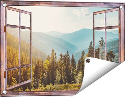 Gards Tuinposter Doorkijk Bos met Bomen in de Hoge Bergen - 60x40 cm - Tuindoek - Tuindecoratie - Wanddecoratie buiten - Tuinschilderij