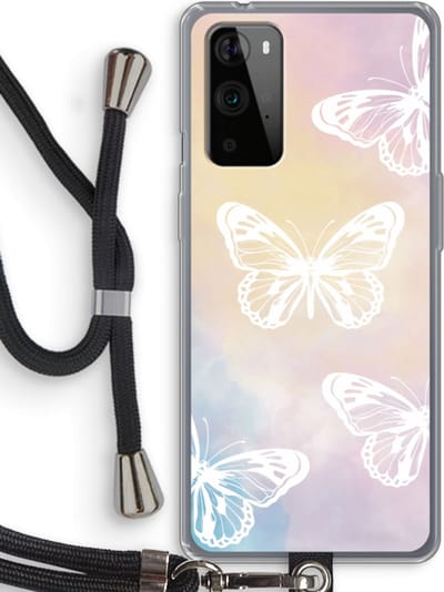 Case Company® - Hoesje met koord geschikt voor OnePlus 9 Pro hoesje met Koord - White butterfly - Telefoonhoesje met Zwart Koord - Bescherming aan alle Kanten en Over de Schermrand