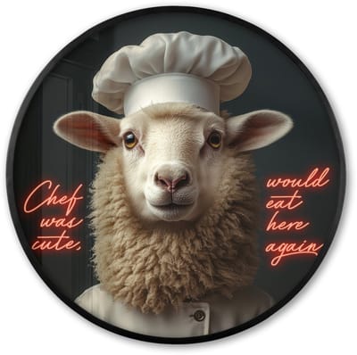Poster in lijst Rond - Fotolijst 60x60 cm - Posters - Schaap - Kokskleding - Neon - Quote - Ronde posterlijst zwart - Decoratie - Wanddecoratie woonkamer - Muurdecoratie slaapkamer