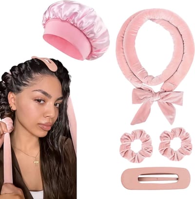 Warmteloze Haarkrullers & Krulband met Slaapmuts – Krullen Zonder Hitte, Heatless Curls Satijnen Curling Headband voor Slapen, Haar Kruller en Haar Accessoire voor Nacht en Styling - Roze