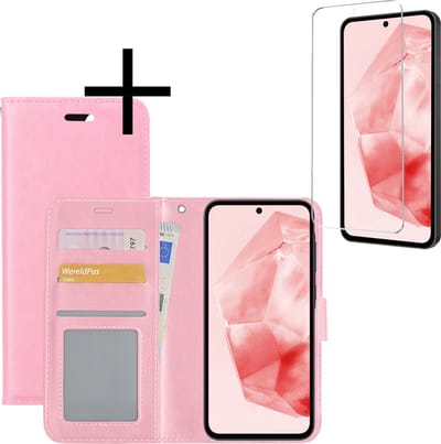 Hoesje - Met Screenprotector - Geschikt voor Samsung Galaxy A35 - Luxe Pasjeshouder - Bookcase Portemonee - Flip Case - Kunstleer Book Case - Flipcase - Book Cover - Walletcase - Portemonneehoes - Lichtroze