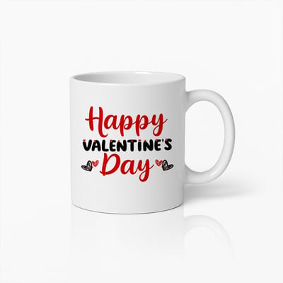 Happy Valentine’s Day Mok 330ml – Witte Koffiemok met Rood-Zwart Hartjes Ontwerp – Romantisch Cadeau voor Hem & Haar