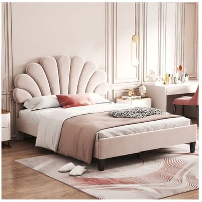 Lit double capitonné - MUVOE - 140 x 200 cm - Tête de lit florale - MDF robuste - Montage facile beige