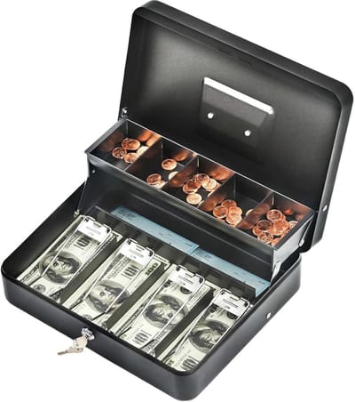 Geldkist met slot en compartimenten - Duurzame metalen spaarpot van 30 cm x 22 cm - Veilig en praktisch met sleutels