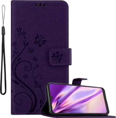 Cadorabo Hoesje geschikt voor Alcatel 1S 2021 / 3L 2021 in BLOEMEN DONKER PAARS - Beschermhoes in bloemmotief met magnetische sluiting, standfunctie en kaartsleuven Book Case Cover Etui