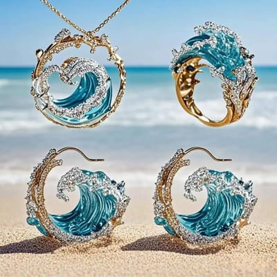 Hoge Kwaliteit 4-delige Set Golfringen Oorbellen Hangers Sets Oceaan Stijl Dames Licht Luxe Veelzijdige Kettingen Pakket Charmante Sieraden blue