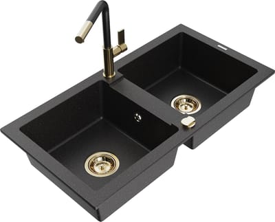 Mexen Mario granieten spoelbak met 2 kamers en Flora keukenkraan, zwart/zilver metallic - 6504-73-670401-57-G