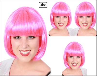 4x Pruik Sensation bobline fluor roze - Carnaval thema feest party festival optocht