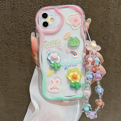 Schattig 3D Bloemen Polsband Telefoonhoesje Voor iPhone 11 Hoesje iPhone 14 15 16 13 12 Pro Max XR X 7 8 Plus SE Koord Transparant Zacht Hoesje For iPhone 14