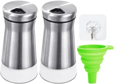 Dailygoods- Peper- en Zoutmoerspuiter - 2 Stuks - Roestvrij Staal - Draaideksel - Transparante Bodem - Inclusief Trechter en Haak - Kruidenstrooier