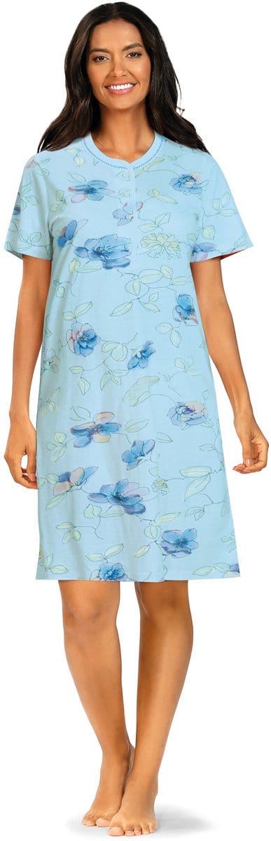Comtessa Klassiek Nachthemd 'Flowers Dreaming' - Blauw - Korte Mouw - 105cm - Maat 44