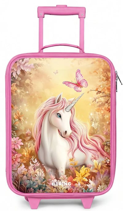 NoBoringSuitcases.com® - Kinderkoffer roze - Kindertrolley meisje - Eenhoorn - Vlinder - Roze - Manen - Koffer kind lichtgewicht - Reiskoffer trolley voor kinderen - Koffertje met lichtgevende wieltjes - Rolkoffer