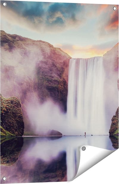 Gards Tuinposter Waterval met een Weerspiegeling in het Water - 60x80 cm - Tuindoek - Tuindecoratie - Wanddecoratie buiten - Tuinschilderij