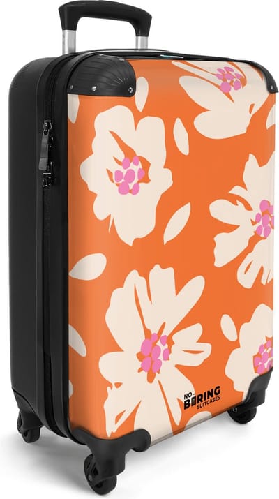 NoBoringSuitcases.com® - Reis handbagage koffer lichtgewicht - Reiskoffer cabine trolley - Oranje rolkoffer op wieltjes met beige bloemen - Travel luggage suitcase volwassenen - Past binnen 55x40x20 en 55x35x25