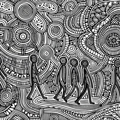 Doodle aboriginal schilderij | Inheemse inspiratie: een levendige weergave van de Doodle Aboriginal-cultuur | Kunst - 100x100 centimeter op Dibond | Foto op Dibond