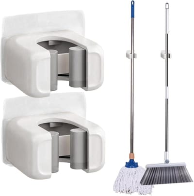 Wandbezem Houder - Mop Clip Organizer - Schoonmaakgereedschap Opbergen - Boorvrije Installatie - 6 x 4.8 x 4 cm - Wit
