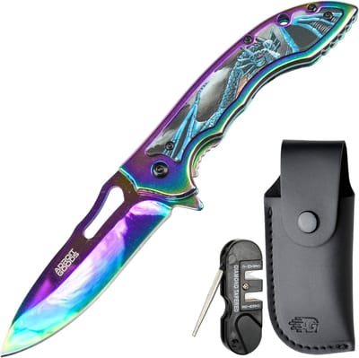 AdroitGoods Tactisch RVS(3Cr13) zakmes met Regenboogcoating – incl. hoes en slijptool - Opvouwbaar multifunctioneel outdoor-mes - Roestvast staal, anti-slip handgreep