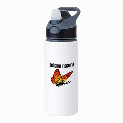 Hacebo® - oranje vlinder met eigen naam waterfles met rietje zwart - Vlinder - dieren liefhebber - iemand die houdt van vlinders - verjaardag - cadeau - kado - geschenk - water fles - 650ML