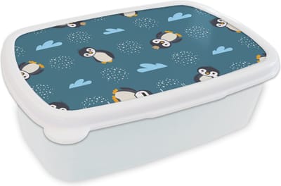 Broodtrommel Wit - Lunchbox - Brooddoos - Pinguïn - Wolken - Jongens - Design - 18x12x6 cm - Volwassenen