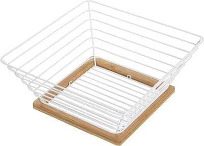 Fruitmand Metaal Hout - Opbergmand Keuken - Fruit Presenteren - Modern Design - 25x25x10 cm - Wit Naturel