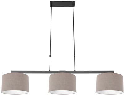 Hanglamp Zwart Stang 3462ZW met Grijs Grof Linnen Kappen - Hoogte Instelbaar, Metaal/Textiel - Steinhauer - Landelijk Design