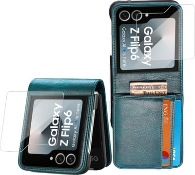 Book Case Hoesje voor Samsung Galaxy Z Flip 6 / Flip 7 FE - Hoesje + Screenprotector – Gehard Glas Cover + Flip Hoes Cover - Portemonnee Turquoise