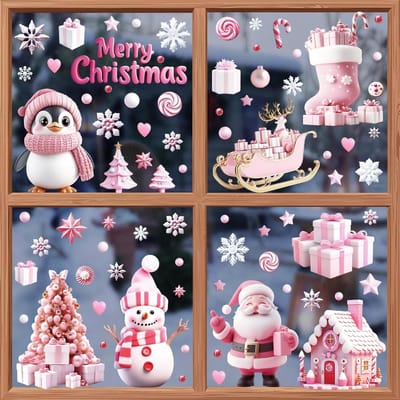 9 Kerst raamstickers - Roze kersttafereel raamstickers - Statische raamstickers - Roze Kerstman en Sneeuwpoppinguïn Rendier Slee - Kerstcadeaus voor katten - Bevat 141 kleine stickers - Herbruikbaar - Dubbelzijdig Gedrukt（ 20*30cm ）