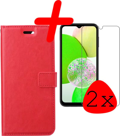 Hoesje Met 2x Screenprotector - Geschikt voor Samsung Galaxy A14 - Luxe Pasjeshouder - Bookcase Portemonee - Flip Case - Kunstleer Book Case - Flipcase Hoes - Book Cover - Walletcase - Portemonneehoes - Rood