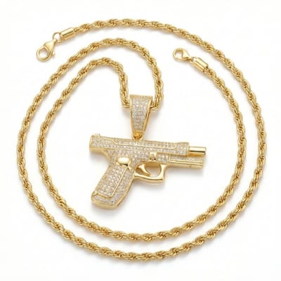 Heren ketting met pistoolvormige hanger – goudkleurig – touwketting met strass steentjes – opvallende hiphop stijl