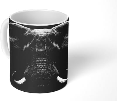 Mok - Koffiemok - Dieren - Olifant - Portret - Zwart - Wit - Mokken - 350 ML - Beker - Koffiemokken - Theemok