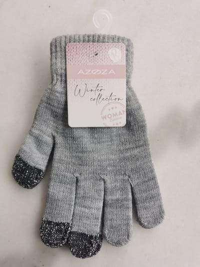 Dameshandschoenen grijs met vingertippen in zwart en zilverkleurige glitter met touchscreen functie one size