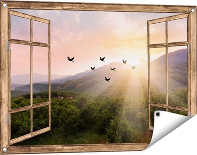 Gards Tuinposter Doorkijk Silhouet Zwerm Vogels bij Zonsondergang - 90x60 cm - Tuindoek - Tuindecoratie - Wanddecoratie buiten - Tuinschilderij