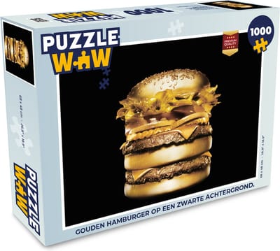 Puzzel Gouden hamburger op een zwarte achtergrond. - Legpuzzel - Puzzel 1000 stukjes volwassenen