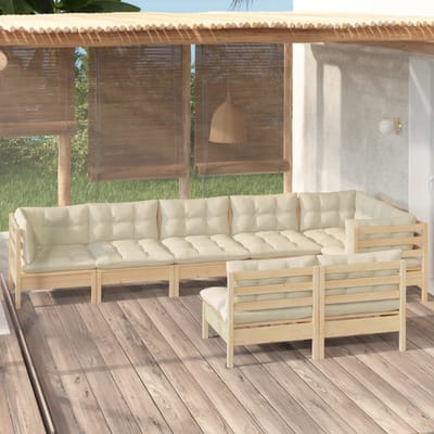 vidaXL - 8-delige - Loungeset - met - crèmekleurige - kussens - massief - grenenhout