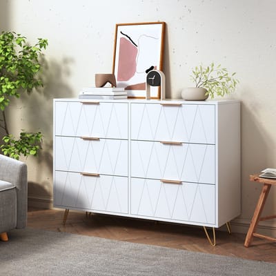 ROSAHQNDA Ladekast met 6 laden, slaapkamerkast, dressoir voor eetkamer, woonkamerkast, kast, met kantelbeveiliging, wit