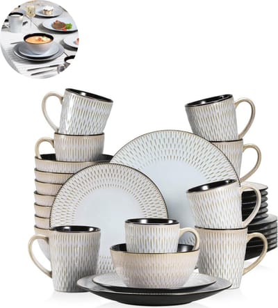 Luxe Serviesset – 32 delig – 8 persoons – Porselein - Bordenset – Dinner platen – Dessertborden - Kommen - Mokken - Grijs