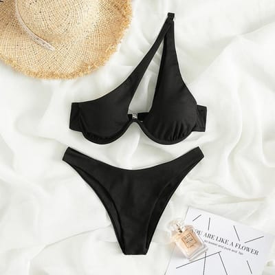 Sexy bikini's zwemkleding Dames badmode Badpakken met één schouder Push-up strandbikiniset L beige