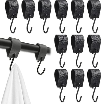 Zwarte Haken met Leren Lus - 12 Stuks voor Kledingrail, Keuken, Badkamer en Camping - Multifunctionele Haak voor Organisatie en Decoratie