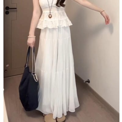 Abrikoos Chiffon Rok voor Vrouwen In Zomer Nieuw High-waisted A-lijn Fluffy Cake Rok Ontwerp Geplisseerde Fee Lange Rok XL white