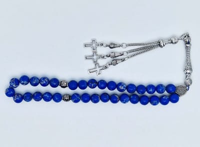 Handgemaakte tesbih klassiek - "Tasbih" natuursteen "Lapis Lazuli" - Aantal kralen 33 - Diameter kralen 8 MM - met metaal tassel "Kruis" - Een mooi cadeau-idee