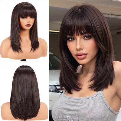 Bruine Bobpermanent met Rechte Lokken en Pony voor Vrouwen en Meisjes, Natuurlijke Synthetische Haarlook voor Carnaval, Halloween en Feestjes, 40 cm Lang
