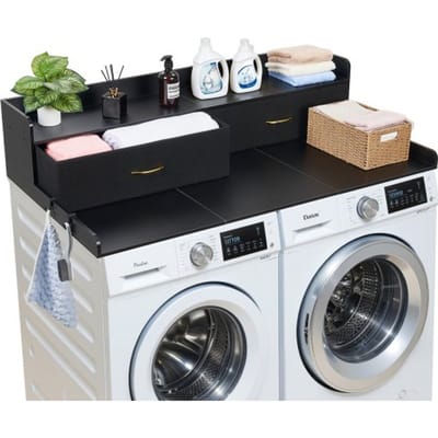 VEVOR Wasmachine en Droger Bovenplaat Met Schap, 137 X 69,9 cm Houten Wasserschotel en Drogerschotel met 2 Laden & Hooks, Wasmachine Bovenplaat voor Waskast, Pantry Bovenplaat voor Organisatie en Opslag, Zwart