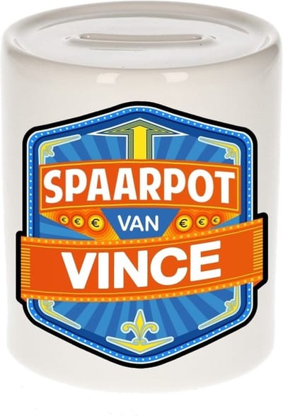 Bellatio Decorations Kinder spaarpot met naam - Vince - keramiek - met dop - wit - Sparen - Spaargeld van Vince