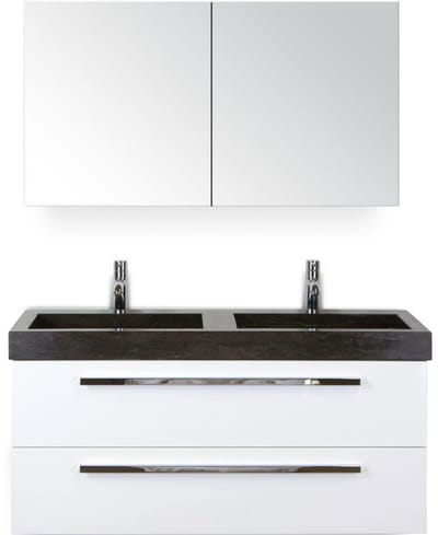 Seville Badmeubelset 120 cm - 2 Laden Wit Hoogglans - Wastafel Lucca Dubbel met Spiegelkast