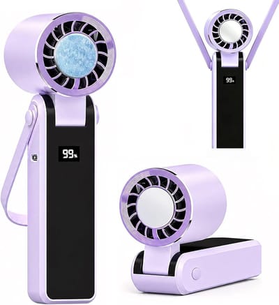 Draagbare handventilator met koelfunctie en led-display, 5 windsnelheden, 1200 mAh oplaadbare USB-batterij, 3-in-1 hand-/bureauventilator, opvouwbare mini-nekventilator met draagkoord, snelle koeling (paars, met koelplaat).