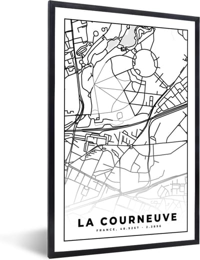 Fotolijst incl. Poster Zwart Wit- Stadskaart - Plattegrond - Kaart - Frankrijk - La Courneuve - Zwart wit - 40x60 cm - Posterlijst