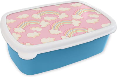 Broodtrommel Blauw - Lunchbox - Brooddoos - Regenboog - Wolken - Patronen - 18x12x6 cm - Kinderen - Jongen